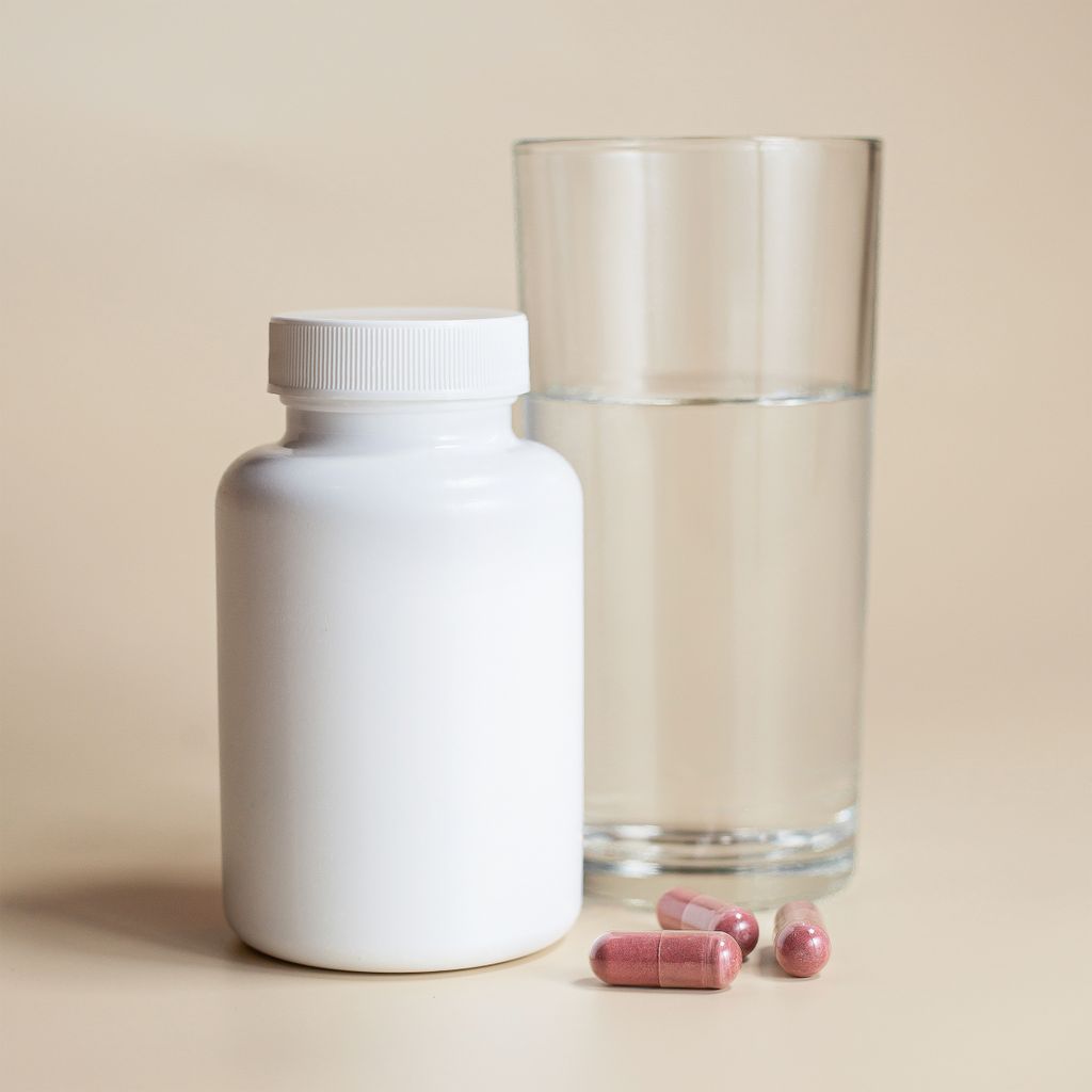 White supplement bottle with capsules and a glass of water on a neutral background.